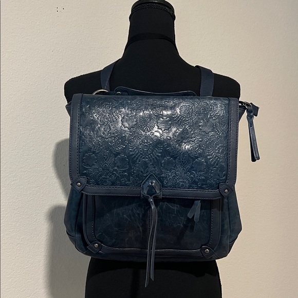 The Sak Handbags - The Sak Blue Embossed Leather Backpack Crossbody Convertible Bag Boho Floral